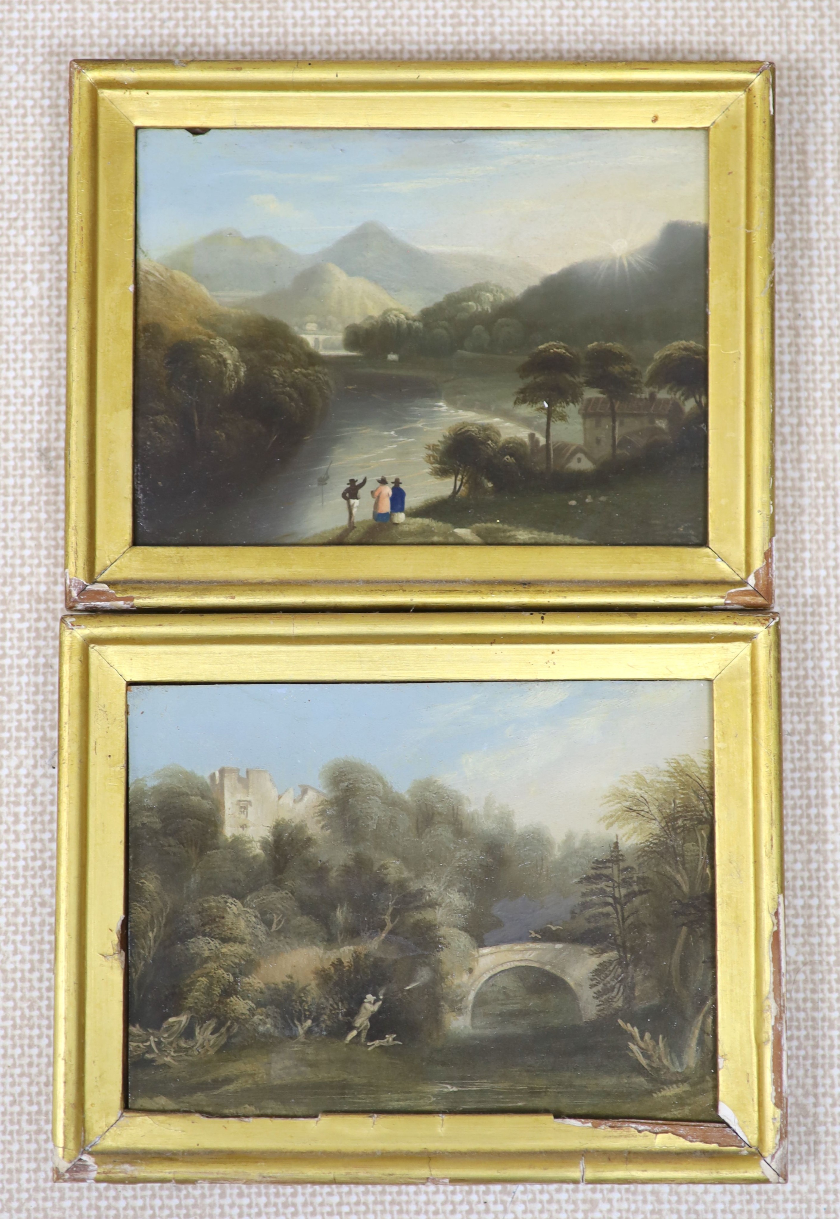 Early 19th century English School, pair of oils on mill board, Figures shooting in a landscape and Overlooking a river, 11 x 15cm